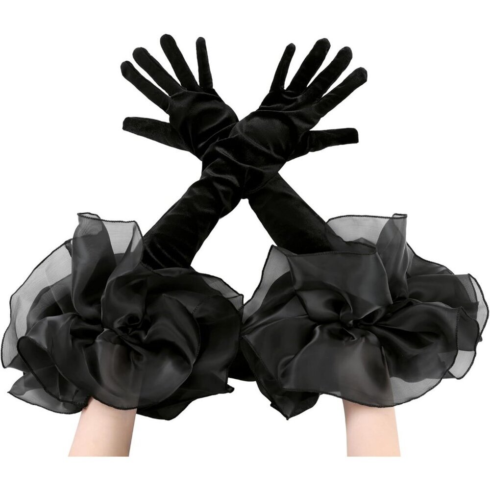 Women's Black Tulle Velvet Opera Long Gloves Puff Ruffled Banquet Party Prom